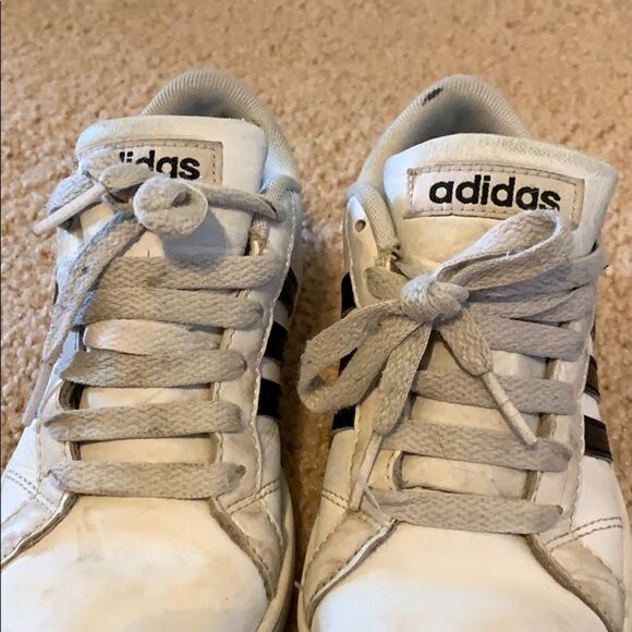 TWO pairs of ADIDAS white sneakers, sizes 13 and 1. - Picture 2 of 6